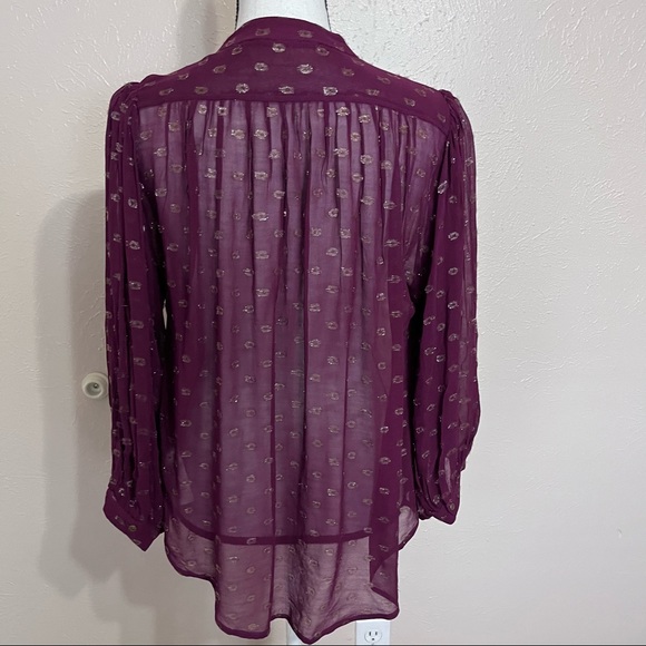 SOLD E Anthropologie Moulinette Soeurs Plum Gold Metallic Sheer Button Up Blouse - Picture 4 of 10